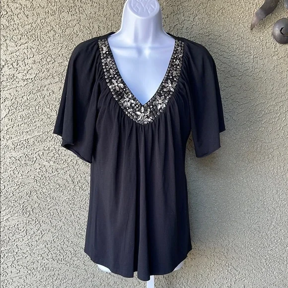 NWT Kenar Black Embellished V-Neck Blouse - Picture 1 of 7